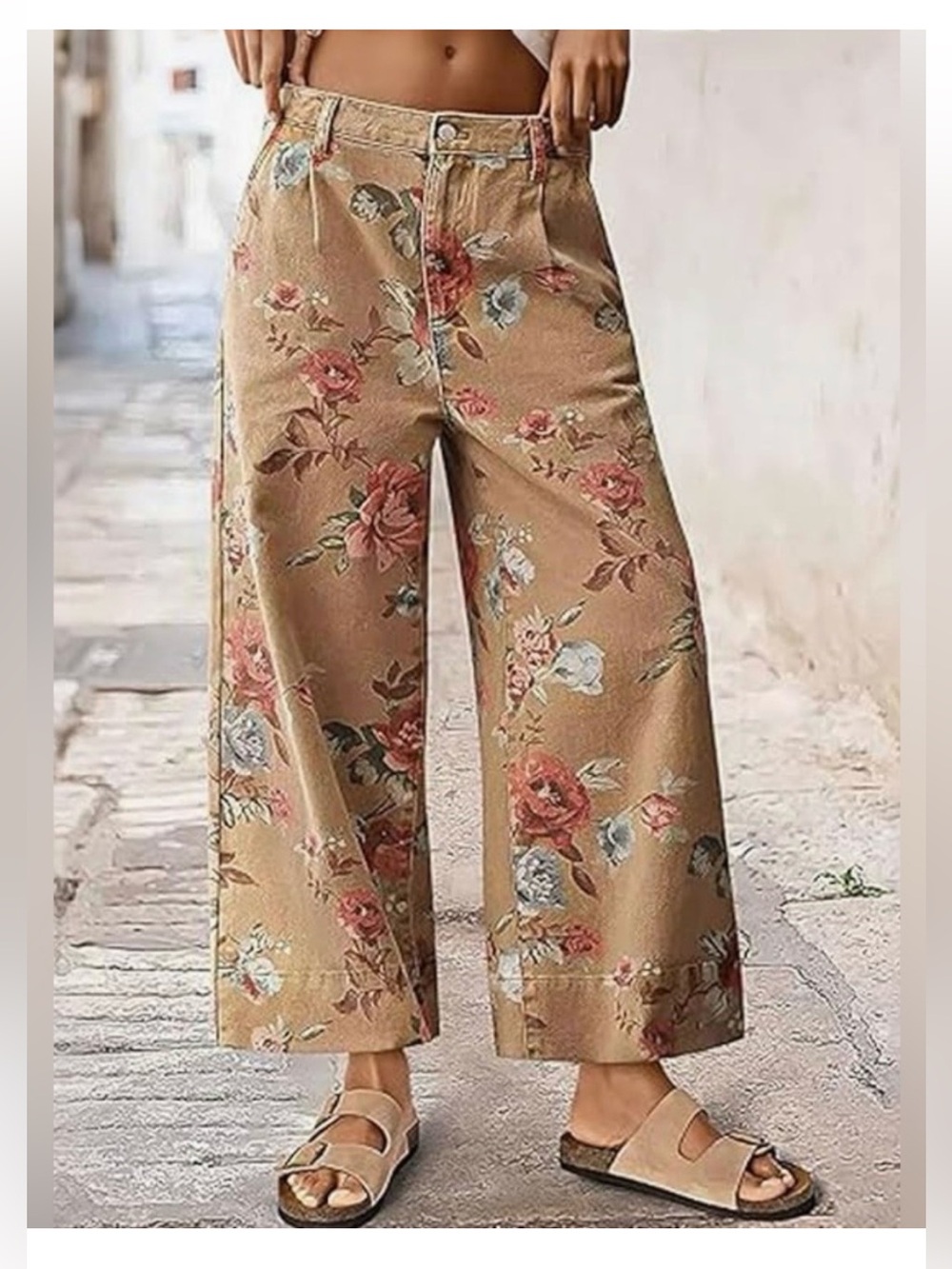 Floral Wide-Leg Beige Denim with Pink Rose Print stretch waist in back